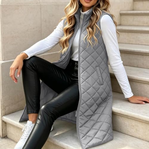 Funnyrap Long Puffer Vest Women Quilted Sleeveless Zip Up Jacket Gray Small - image 4