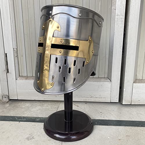 AnNafi Medieval Templar Crusader Knight Armor Helmet | Greek Roman Spartan Armour | Silver Gold Antique Helm A+ | Wearable Free-Size for Adult Costumes