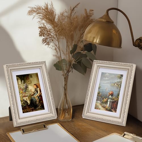 Image of eletecpro 5x7 Vintage Picture Frame, Glass Cover, Silver Beige, 2-Pack | Display Photo 4x6 with Mat or 5x7 without, Horizontal or Vertical, Tabletop or Wall Decor