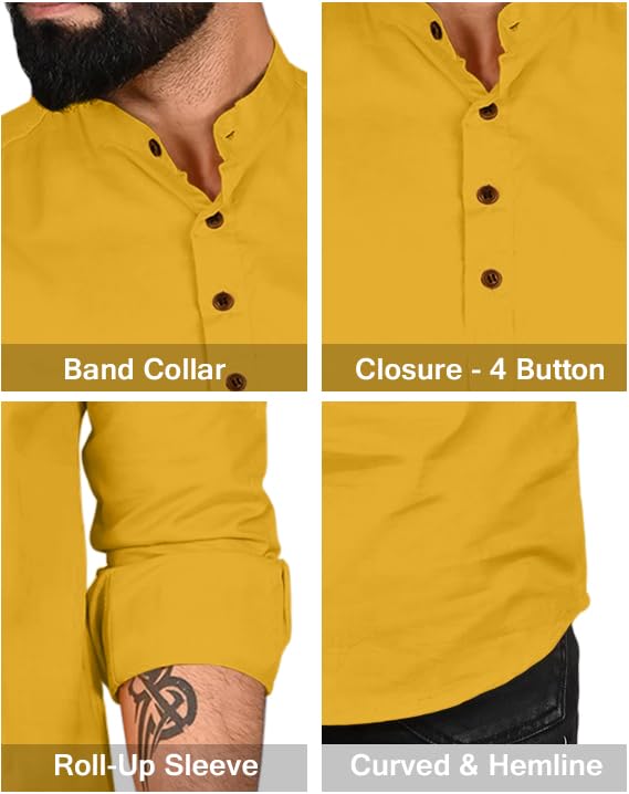 Image of ROYALSCOUT Men Cotton Blend Short Kurta with Mandarin Collar and Button Placket | Full Sleeve Regular Fit Ethnic Wear for Casual and Festive Use