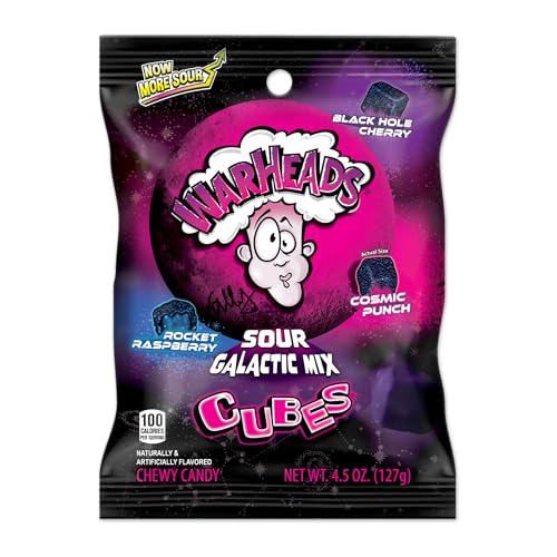 WARHEADS Galactic Mix Cubes - Sour Sweet & Fruity Chewy Candy - Black Hole Cherry, Rocket Raspberry & Cosmic Punch Flavors - 4.5 oz. Bag