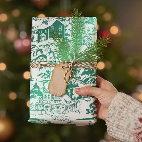 Papier cadeau de Noël vert cabane enneigée 43x300cm