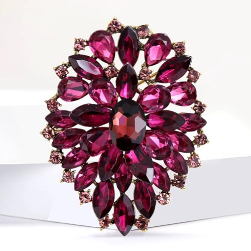 Image of Rhinestone Crystal Oval Brooch Premium Large Flower Brooch Blue /Red /Green /Gold /Silver /Purple Crystal Geometric Broochs Sparkling Lapel Pin Elegant Wedding Bridesmaid Dress Broachs Pin for Women