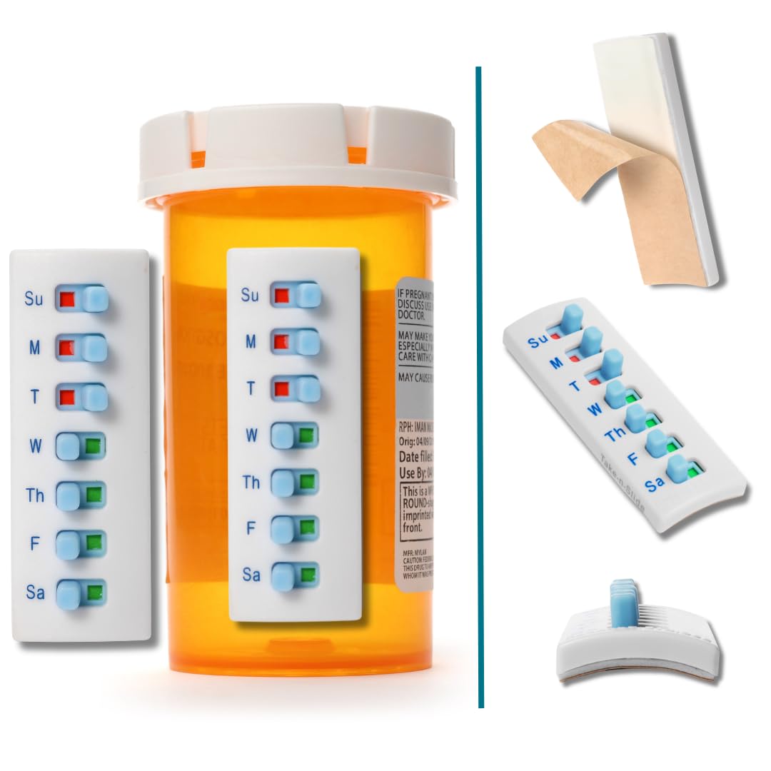 Peel and Stick Reusable for 12 + Refills, Pill/Medication/Vitamin/Pet Med Tracker & Reminder, Attach to Your Bottle, Organizer-Free, Curved‑Back (White, 2-Pack)