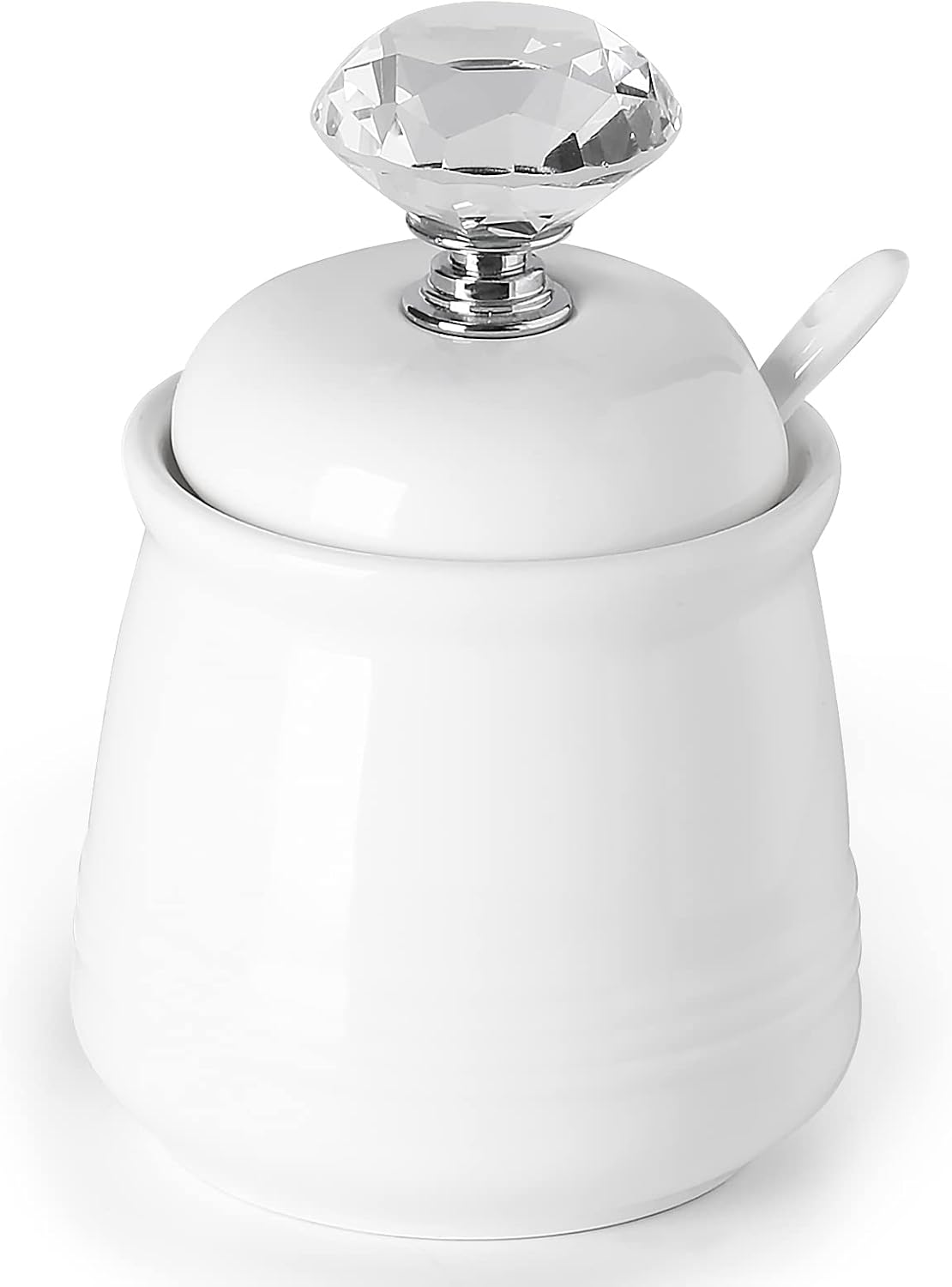 ONTUBE Ceramics Sugar Bowl with Crystal Lid and Spoon 12oz, Silver