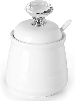 ONTUBE Ceramics Sugar Bowl with Crystal Lid and Spoon 12oz, Silver