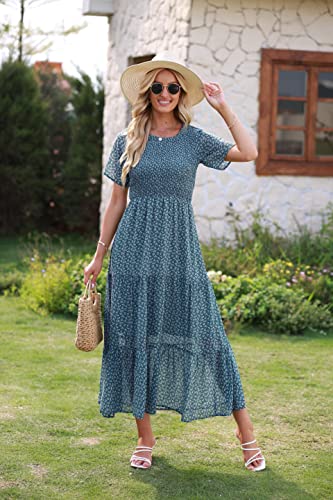 Image of BTFBM Women Casual Short Sleeve Crew Neck Summer Dress Bohemian Floral Printed Flowy Maxi Dresses Tiered Cocktail Dress