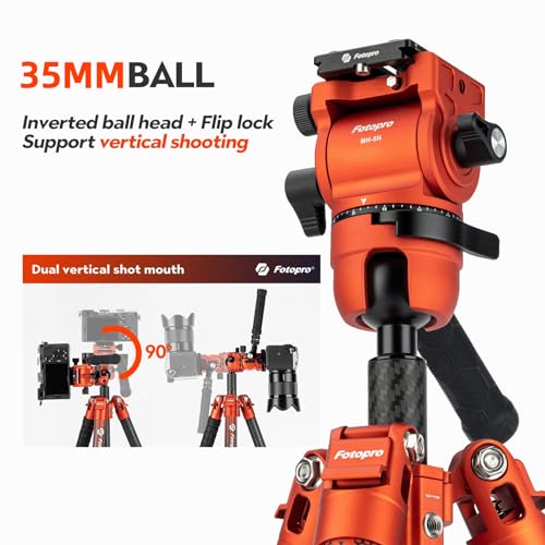 Image of Fotopro 67.3 inch Carbon Fiber Travel Tripod, Professional Heavy Duty Video Tripod with Hydraulic Spherical Pan-Tilt Flip Lock Max Load 22lbs, wih Monopod Phone Clip, X-AIRFLY Max Video Orange