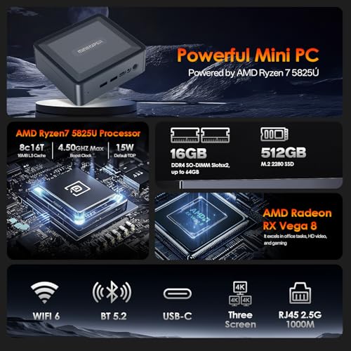 Image of Mini PC AMD Ryzen 7 5825U (8C /16T, Up to 4.5GHz) - 16GB DDR4, 512GB SSD, 4K UHD Triple Display, Compact Desktop for Home, Office, and Business Use