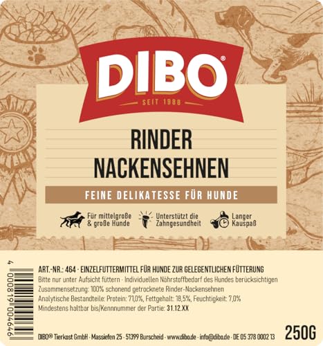 DIBO Rindernackensehnen, 250g-Beutel, der kleine Naturkau-Snack oder Leckerli für Zwischendurch, Hundefutter, Qualitätskauartikel ohne Chemie