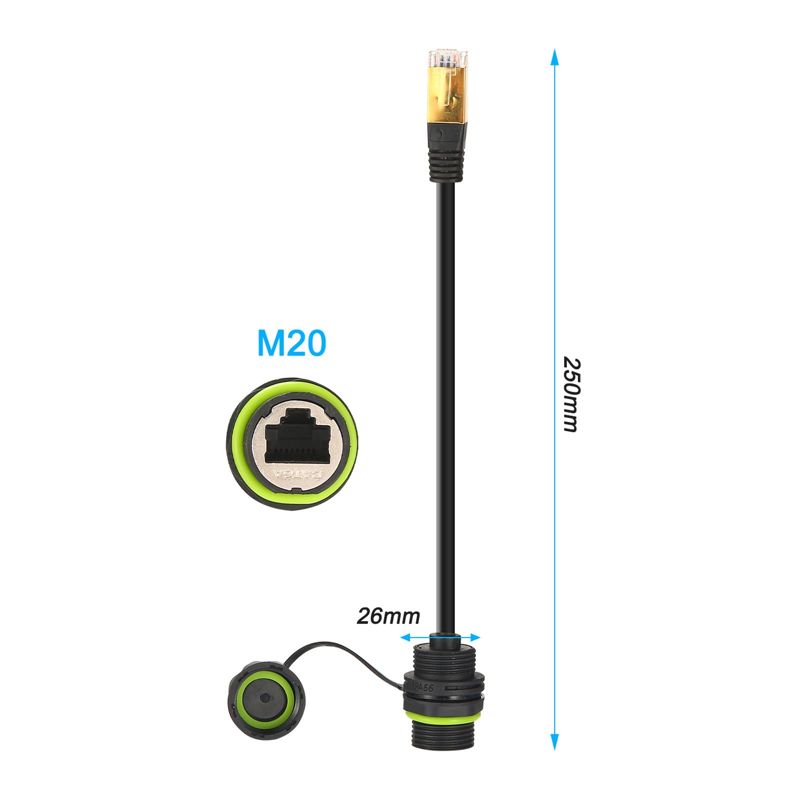 Lot de 5 connecteurs RJ45 étanches IP68 Ethernet LAN 25 cm Double tête avec capuchon anti-poussière blindé M20 Cat5/5e/6 Câble réseau extérieur mâle vers femelle