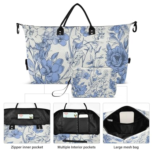 Large Travel Duffel Bag, Blue White Flower Sports Tote Gym Bag, Shoulder Weekender Overnight Bag for Women Men, Carry On Luggage with Toiletry Bags2