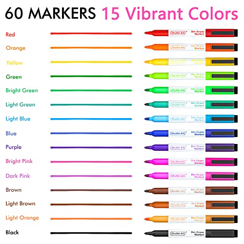 Image of Dry Erase Markers, Shuttle Art 60 Bulk Pack 15 Colors Magnetic Whiteboard Markers with Erase, Fine Point Dry Erase Markers Perfect for Writing on Whiteboards, Glass, Mirror for School Office Home