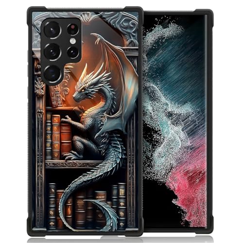 ZHEGAILIAN Case for Samsung Galaxy S23 Ultra | Shockproof 4 Corner Air Cushion + Soft TPU Bumper with Anti-Slip Grip & Stylish Pattern for Men Boys & Woman Girls | Black Bookish Dragon