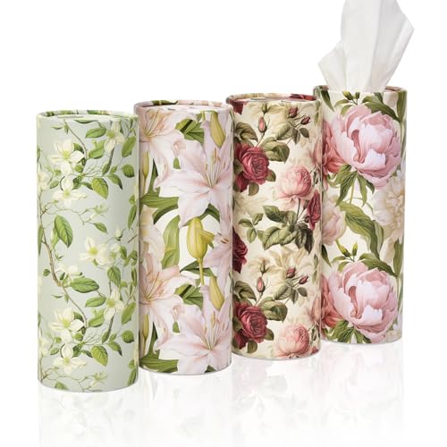 4pack Car Tissues Holder with Facial Tissues Vintage Rose Peony Orchid Travel Tissue Tubes Box Container for Car Tissues Cylinder Car Cup Holder
