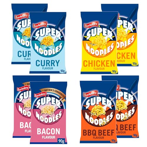 Batchelors Instant Super Noodles Variety Pack - 8 x 90g, 2 Beef, 2 Chicken, 2 Curry, 2 Bacon - Quick & Tasty Noodle Selection for Meals on the Go