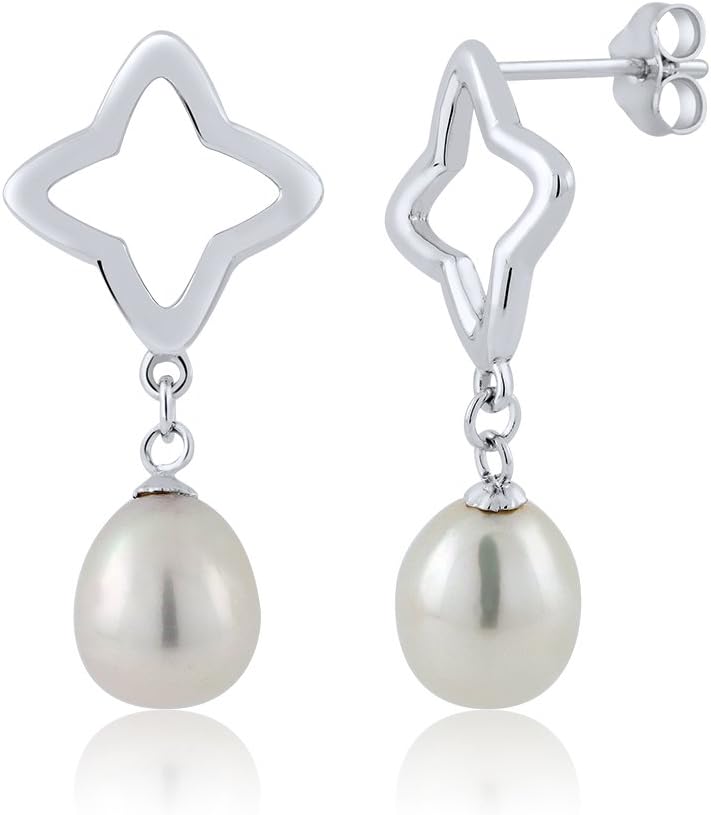 Gem Stone King 925 Silver Star Shaped Cultured Freshwater White Pearl Dangle Earrings For Women | 8X8.5MM | Fine Jewelry Gifts for Women Mom Wife Her