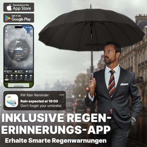 Royal Walk Groß XXL 54 inch Automatik Reise Golf Regenschirm für Damen und Herren Sturmfest Windsicher Leicht Klassisch für 2 Personen Holzgriff Wasserabweisend 16 Rippen Unisex 120cm (Schwarz)