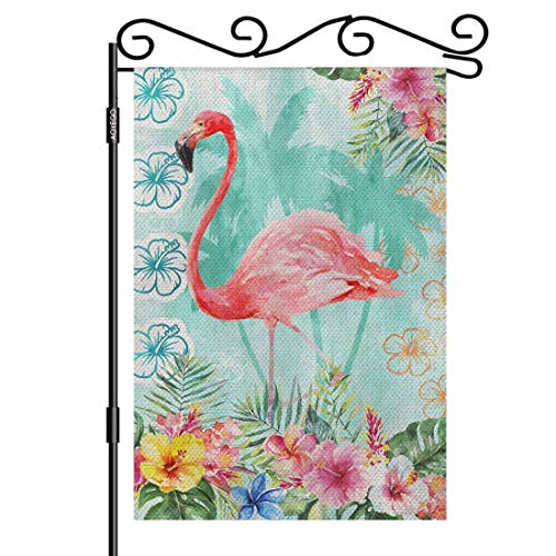 Aoyego Pink Flamingo Garden Yard Flag 12.5"X 18" Double Sided Polyester Summer Fresh Palm Trees Background Watercolor Flowers House Flag Banners For Patio Lawn Outdoor Home Decor #TOP6