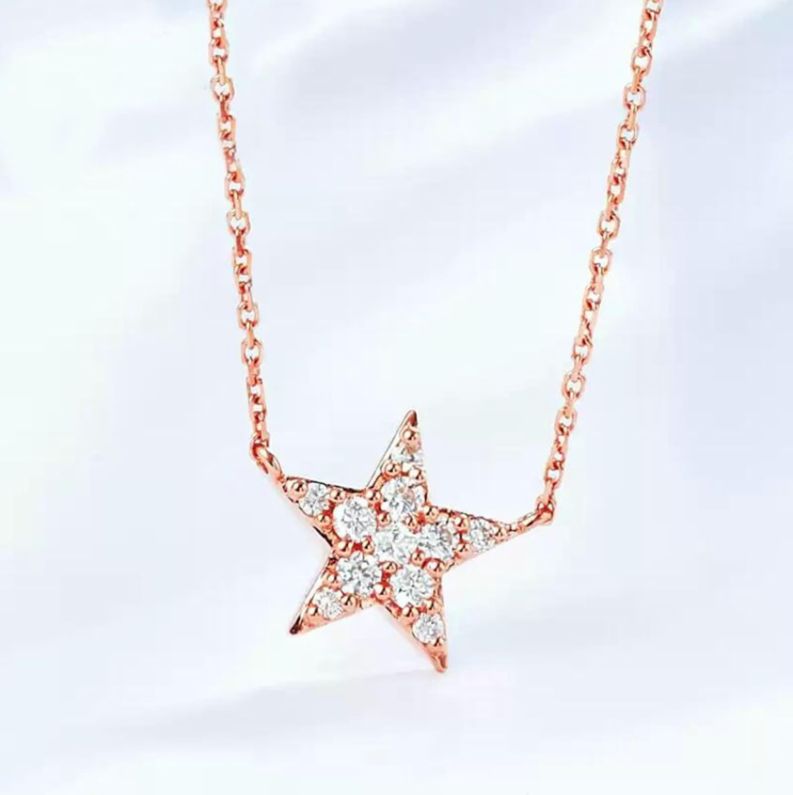 Collar largo con colgante de estrella con diamante de 0,12 quilates, oro rosa de 9/14/18 quilates, 45 cm