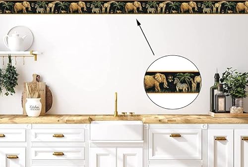Concord Wallcoverings Wallpaper Border Featuring African Animals - Elephant Zebra And Giraffe, Colors Black Beige Green, Applied Coverage 7 Inches By 15 Feet Hu6262B #TOP2