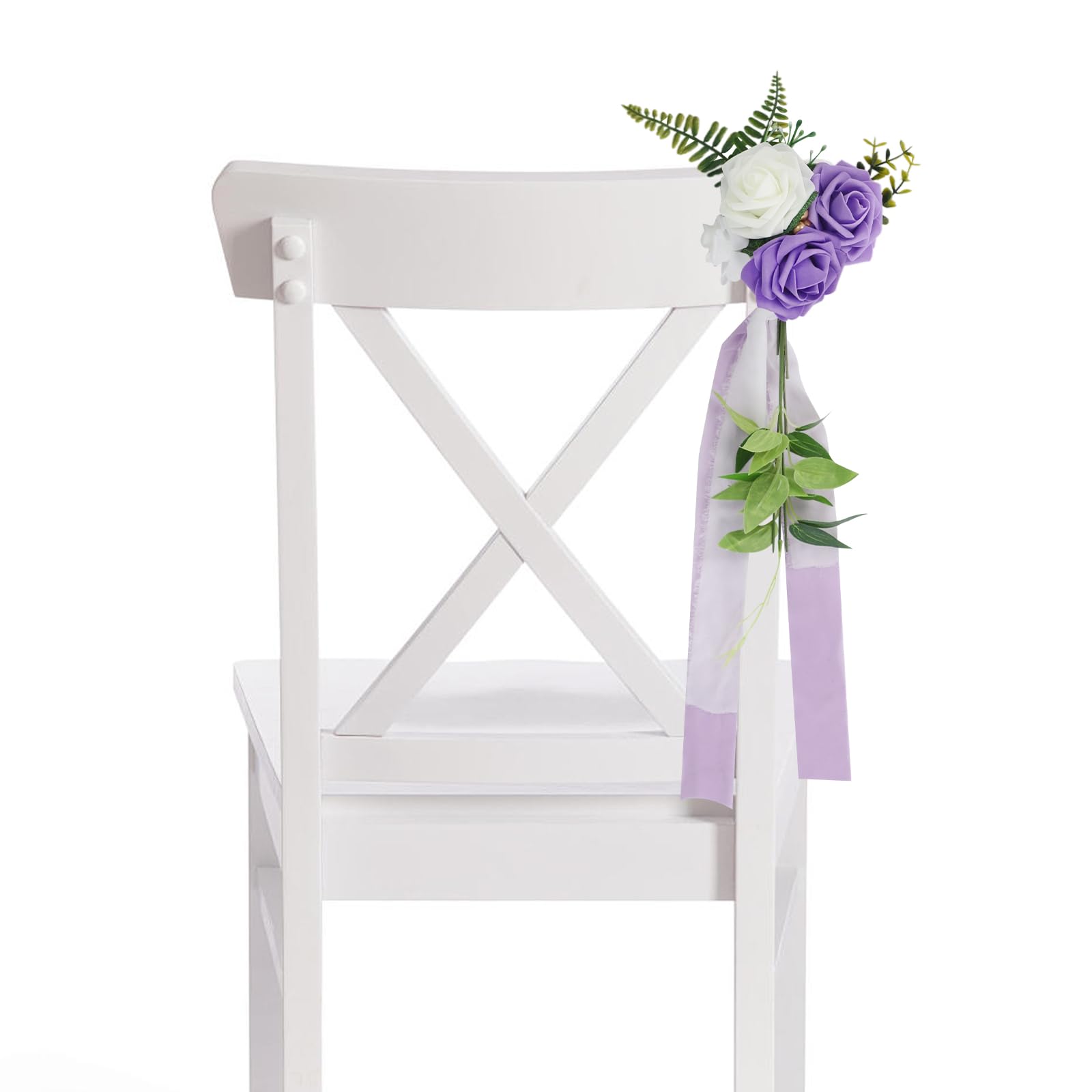 10 PCS Hochzeit Stuhl Blumenschmuck | Blumenschmuck mit Bändern für die Hochzeit Zeremonie Stuhlschleife Dekoration 75cm Für Hochzeitstisch Tischdeko Event Party ﻿ (Weiß+Grün+Violett)