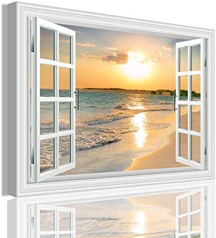 Creative View Canvas Prints Wall Art Lavender Garden Sunflower with Sunset Wall Art Painting, Elephant Beautiful Landscape, Framed Print Poster for Living Room Bedroom (Window seaview)