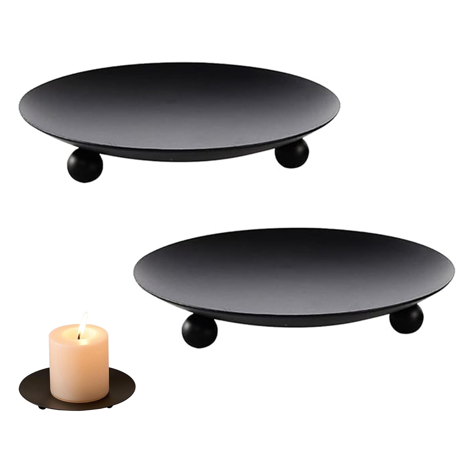 2 PCS Black Traditional Pillar Candles Dishes,Round Pillar Candle Holder,Elegant Modern Design, Easy to Clean,for Wedding Church Decor Round Decorative Centerpiece (Black)