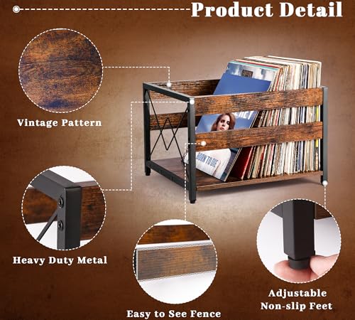 Y&M Vinyl Record Storage Crate, Wooden Storage Box, Classic Cube CD Albums Shelf Holder Organizer, Holds Up to 100+ Records, Magazine Rack for Desktop, Home, Office, Brown - Thumbnail 5