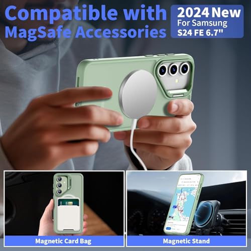 Image of DIZORO Polycarbonate Samsung Galaxy S24 FE Case Compatible with Mag Safe & Wireless Charging,with Camera Stand,Military Grade Drop Tested,Translucent Hard Back Soft Edge Back Cover(Camera Stand Mint.)