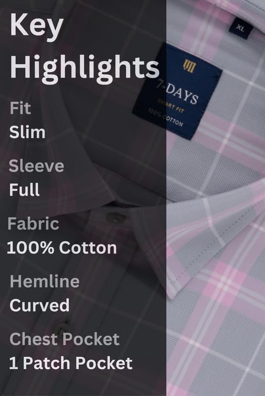 Image of 7-DAYS Men's Premium Check Shirt - 100% Cotton, Tailored Fit (Between Slim & Regular), Full Sleeve, with Pocket - Smart Office & Casual Look