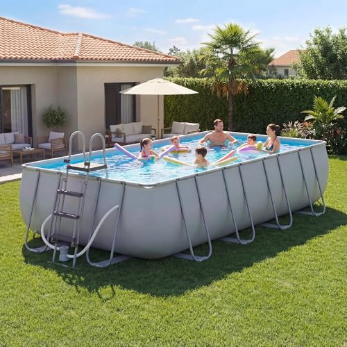 SunSwell 18 x 9 x 47 Rectangular Above Ground Pool Set with Removable Ladder and Filter Pump Large Swimming Pool for Backyard Gray