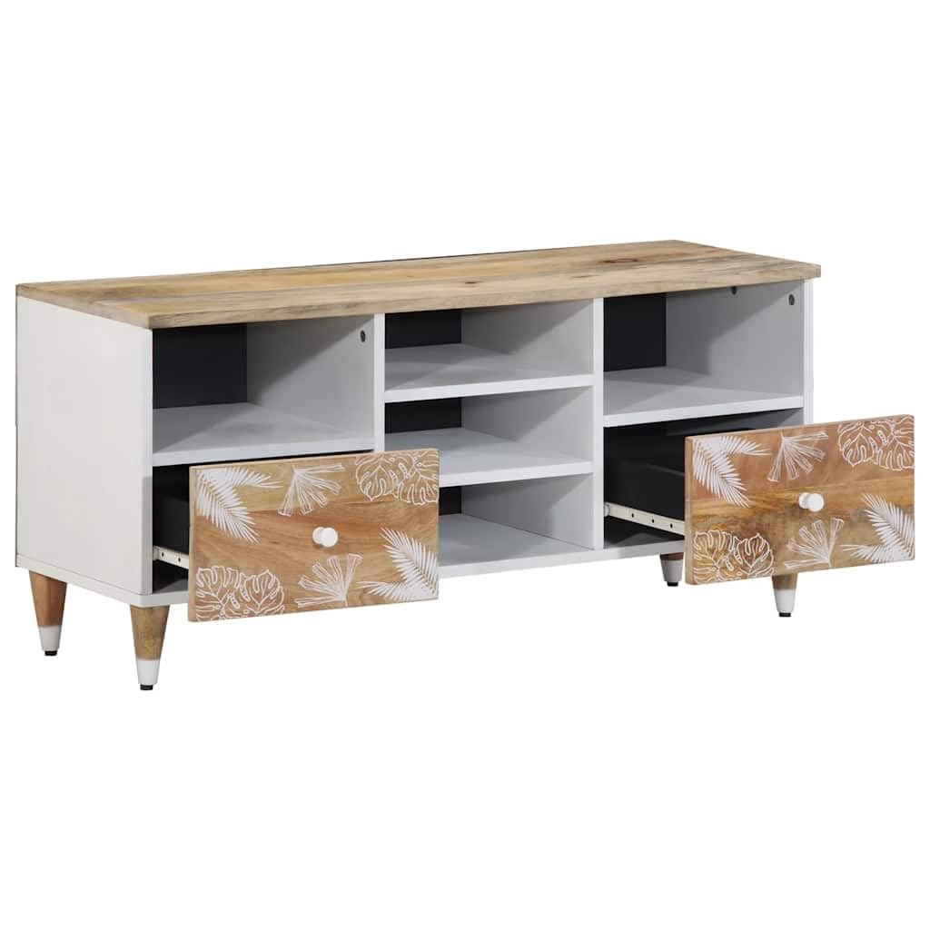 TV-Schrank aus massivem Mangoholz 100x33,5x46 cm mit 2 Schubladen und Regal, stabiles Lowboard für Wohnzimmer Heimkino, Hifi, DVD, CD und Gaming Zubehör
