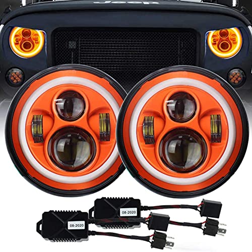 Atubeix 7 inch LED Halo Headlights with Halo DRL Replacement for Jeep H6024 2007-2017 Wrangler JK JKU Headlamp (Orange+Orange Halo)