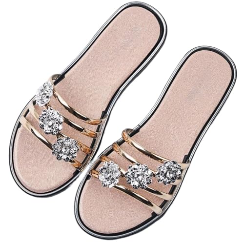 Shiny Diamond black flat Slide Sandals for Women Flip-flops Slip-On Fashionable Slippers for Summer Vacation