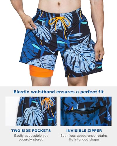 Image of SURF CUZ Mens Swim Trunks with Compression Liner Swim Shorts 7 inch Swimming Trunks Stretch 7 Inch Swim Suits Quick Dry