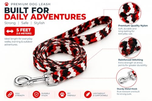 Image of Premium Dog Leash - Extra Strong & Durable Nylon, 5 Feet (1.5M), Reinforced Stitching, Sturdy Metal Hook & Comfortable Grip for Safe Walking, Running, Training and Outdoor Adventures