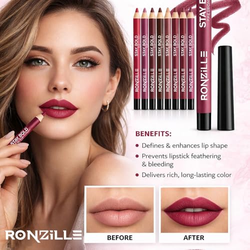 Image of Ronzille Super Stay Matte Lip Liner | Long Lasting Lip Pencil | Smooth Glide Crayon | Waterproof Matte Finish | Lip Definer for Women Set of 5