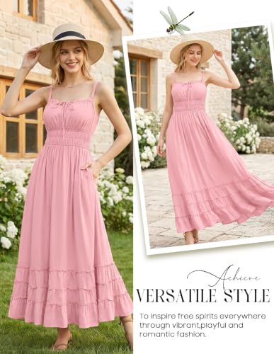 Scarlet Darkness Women's Summer Maxi Dress 2026 Boho Sleeveless Ruffle Flowy Milkmaid Sundress with Pockets Light Pink S — view 5