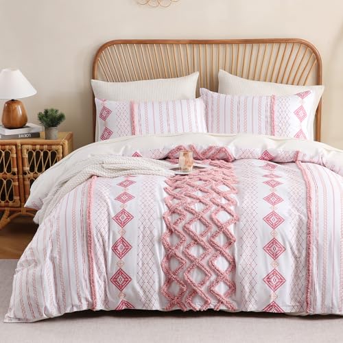 Image of MOVE OVER Tufted Duvet Cover King Size 100% Cotton Boho Duvet Cover Set 3 Pieces Blush Pink Textured Bedding Set with Zipper Closure and Ties Soft Farmhouse Geometric Tufted Comforter Cover