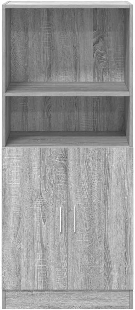 A închide view of a cabinet hinge installed on the engineered wood panel.