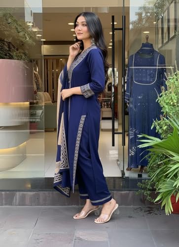 Image of ANNI Designer Women's Rayon Viscose Straight Printed Kurta with Pant & Dupatta Set | Ethnic 3-Piece Readymade Suit for Women | Elegant Festive & Office Wear Traditional Outfit