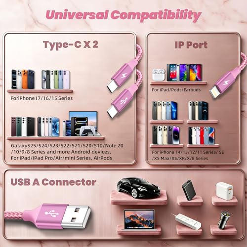 Image of 3 in 1 Multi Charging Cable for Multiple Devices with 2 USB-C /IP, 2Pack4FT