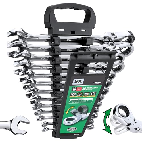 SK Flex-Head Ratcheting Wrench Set, Combination Wrench Set, 13-Piece, SAE 1/4\" to 1\", 72-Tooth, Premium CR-V Construction, with Rack Organizer