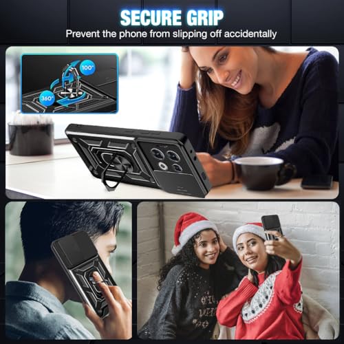 Image of Heavy Duty Back Case Cover for Oppo Reno 13 Pro 5G, Shockproof Oppo Reno 13 Pro Back Cover, Ring Case with Kickstand and Camera Protection Shutter - Black