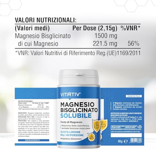 Magnesio Bisglicinato Solubile | 86G - 40 Porzioni | Integratore Alimentare Fonte Di Magnesio - Riduzione Di Stanchezza E Affaticamento | Vitativ - 8