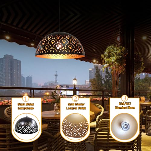 Image of Pendant Lights Kitchen Island Farmhouse Set of 2, Black And Gold Hanging Lamp Retro, Adjustable Height, 11.8 in Hollow Lampshade, E26 Vintage Chandeliers for Dining Room, Bedroom, Hallway, Entryway