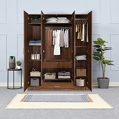 Image of Wakefit Wardrobe | 1 Year Warranty | Engineered Wood Almirah, Cupboard for Clothes Storage | 4 Door, 1 Drawer, 2 Hanging Space | Cashmere - Columbian Walnut