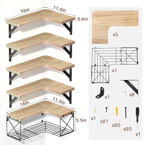 Corner Shelves Wall Mounted, 5+1 Corner Shelves with Wire Storage Basket, Rustic Paulownia Wood Corner Shelf, R-Angle Design, Corner Floating Shelf for Bathroom/Living Room/Kitchen (5+1 Light Brown) - Image 4
