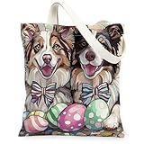Einkaufstasche aus Segeltuch mit Australischem Schäferhund, 33 x 38 cm, Buntglas-Eier, Welpen, wiederverwendbare Einkaufstasche für Frauen, lustige Haustierstrände, ästhetische Malerei, Geschenk